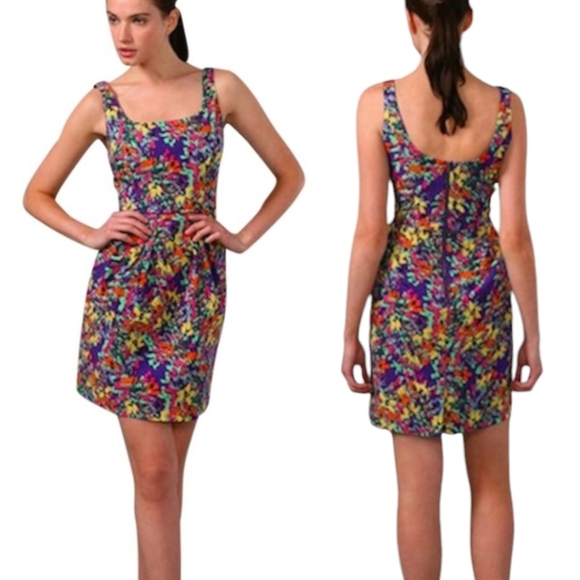 Shoshanna Multicolor Sheath Mini Dress Abstract Floral Print Silk Blend size 10 - Picture 1 of 13